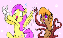 Size: 1030x626 | Tagged: safe, artist:yipsy, angel bunny, fluttershy, oc, oc:amber rose (thingpone), oc:thingpone, pegasus, pony, rabbit, g4, animal, eldritch abomination, heart, strange waifus, tentacles, the thing