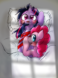 Size: 750x1000 | Tagged: safe, artist:ushiro no kukan, pinkie pie, twilight sparkle, g4, ahegao, bed, blushing, bondage, faic, female, implied sex, lesbian, looking at you, messy mane, open mouth, ship:twinkie, shipping, tongue out