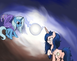 Size: 1280x1024 | Tagged: artist needed, safe, trixie, oc, pony, unicorn, g4, female, fight, glasses, magic, mare