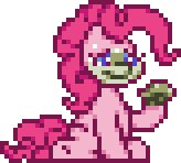 Size: 164x148 | Tagged: safe, artist:mrponiator, pinkie pie, earth pony, pony, g4, the cutie map, animated, baked bads, eating, female, green face, mare, muffin, nauseous, pixel art, season 5 pixel art, sick, simple background, solo, transparent background, winnie the pink