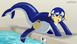 Size: 1143x653 | Tagged: safe, artist:macroophile, oc, oc only, oc:gabby, pony, bodysuit, diaper, latex, non-baby in diaper, orca suit, poofy diaper, solo, swimming pool, water
