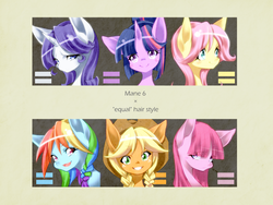 Size: 1200x900 | Tagged: safe, artist:nabebuta, applejack, fluttershy, pinkie pie, rainbow dash, rarity, twilight sparkle, alicorn, pony, g4, the cutie map, alternate hairstyle, female, looking at you, mane six, mare, smiling, twilight sparkle (alicorn)