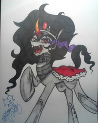 Size: 614x764 | Tagged: safe, king sombra, pony, unicorn, g4, cape, clothes, curved horn, horn, magic, magic aura, one eye closed, raised hoof, simple background, solo, traditional art