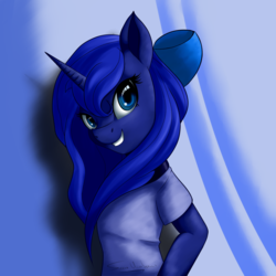 Size: 1600x1600 | Tagged: safe, artist:suziouwabami, princess luna, alicorn, anthro, g4, clothes, female, mare, solo, t-shirt