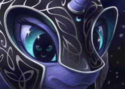 Size: 1403x992 | Tagged: safe, artist:pa-kalsha, nightmare moon, princess luna, alicorn, pony, g4, bust, close-up, extreme close-up, eye reflection, eyes, fanfic art, fanfic cover, female, helmet, mare, portrait, reflection, solo