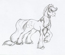 Size: 1024x867 | Tagged: safe, artist:biakela, applejack, g4, female, monochrome, raised hoof, simple background, solo, traditional art, unshorn fetlocks