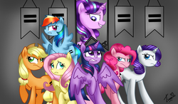 Size: 900x526 | Tagged: safe, artist:tinacrazy29, applejack, fluttershy, pinkie pie, rainbow dash, rarity, starlight glimmer, twilight sparkle, alicorn, pony, g4, the cutie map, banner, female, mane six, mare, twilight sparkle (alicorn)