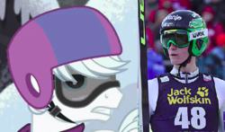 Size: 443x260 | Tagged: safe, double diamond, earth pony, human, pony, g4, comparison, goggles, gritted teeth, helmet, irl, irl human, peter prevc, photo, ski jumping, skiing, slovenia