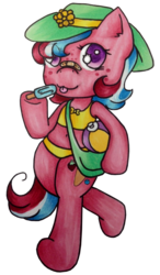 Size: 682x1170 | Tagged: safe, artist:matteglaze, oc, oc only, oc:summer scoop, pony, semi-anthro, belly button, bikini, bipedal, clothes, food, freckles, midriff, simple background, swimsuit, tankini, traditional art, transparent background, wingding eyes