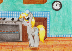 Size: 800x561 | Tagged: safe, artist:nunitko, derpy hooves, pegasus, pony, g4, blushing, female, jumping, kitchen, mare, muffin, solo, tongue out, traditional art