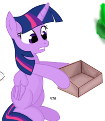 Size: 300x347 | Tagged: safe, artist:woox, twilight sparkle, alicorn, pony, g4, box, confused, female, flockmod, frown, hoof hold, mare, open mouth, simple background, sitting, solo, transparent background, twilight sparkle (alicorn)