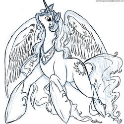 Size: 9000x9000 | Tagged: safe, artist:kaotheroogoncreator, princess celestia, g4, absurd resolution, female, monochrome, simple background, sketch, smiling, solo, spread wings