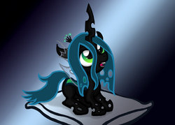 Size: 900x643 | Tagged: safe, artist:mystic2u, queen chrysalis, changeling, changeling queen, nymph, g4, crown, cute, cutealis, digital art, female, filly, filly queen chrysalis, foal, jewelry, pillow, prone, regalia, solo, younger