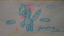 Size: 2356x1324 | Tagged: safe, artist:josefina, trixie, butterfly, pony, unicorn, g4, female, hair bow, mare, solo, surprised, traditional art