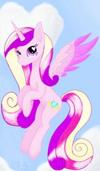 Size: 600x1024 | Tagged: safe, artist:shadow-nights, princess cadance, alicorn, pony, g4, cloud, female, flying, mare, signature, sky, smiling, solo, spread wings, wings