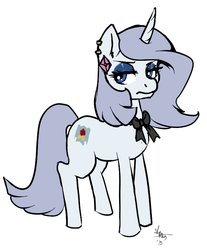 Size: 598x721 | Tagged: safe, artist:skuttz, oc, oc only, oc:platinum decree, pony, unicorn, bow, ear piercing, earring, eyeshadow, female, frown, glare, looking at you, makeup, mare, neck bow, piercing, ribbon, solo, unamused