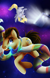 Size: 400x618 | Tagged: safe, artist:karzii, derpy hooves, doctor whooves, time turner, pegasus, pony, g4, clothes, female, floating, mare, mouth hold, scarf, sonic screwdriver, space, tardis, zero gravity