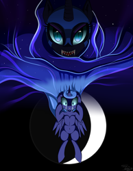 Size: 2160x2777 | Tagged: safe, artist:suziouwabami, nightmare moon, princess luna, pony, g4, crying, duality, fangs, female, floppy ears, high res, moon, s1 luna, solo