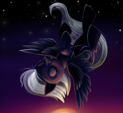 Size: 894x819 | Tagged: safe, artist:ailatf, night glider, g4, the cutie map, eyes closed, female, flying, solo, sunset, twilight (astronomy), upside down