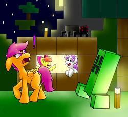 Size: 1200x1100 | Tagged: safe, artist:solipsus, apple bloom, scootaloo, sweetie belle, spider, g4, creeper, crossover, cutie mark crusaders, exclamation point, minecraft