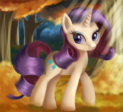 Size: 894x819 | Tagged: safe, artist:ailatf, rarity, g4, autumn, crepuscular rays, female, forest, solo