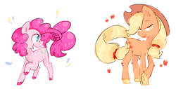 Size: 1200x610 | Tagged: dead source, safe, artist:lillynya, applejack, pinkie pie, earth pony, pony, g4, duo, full body, happy, looking at someone, pose, raised hoof, side view, simple background, smiling, standing, straw in mouth, unshorn fetlocks, white background