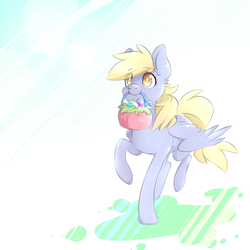 Size: 1000x1000 | Tagged: safe, artist:teapotterror, derpy hooves, pegasus, pony, g4, basket, easter, easter egg, female, mare, mouth hold, solo, underp