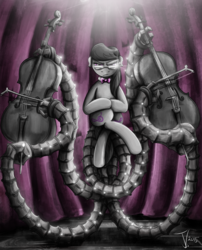 Size: 1008x1250 | Tagged: safe, artist:jamescorck, octavia melody, earth pony, pony, g4, cello, crossed legs, crossover, doctor octavia, doctor octopus, female, frown, glare, glasses, looking at you, male, marvel, musical instrument, otto octavius (marvel comics), solo, spider-man, tentacles