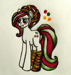Size: 500x530 | Tagged: safe, artist:adoptville, oc, oc only, oc:cherry creamtea, earth pony, pony, blushing, clothes, socks, solo, striped socks, traditional art