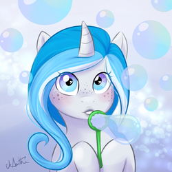 Size: 2996x3000 | Tagged: safe, artist:askbubblelee, oc, oc only, oc:bubble lee, oc:imago, pony, unicorn, blowing bubbles, blushing, bubble, bubble wand, cute, dexterous hooves, female, freckles, heart, heart eyes, high res, hoof hold, looking at you, ocbetes, portrait, solo, wingding eyes