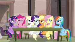 Size: 1920x1080 | Tagged: source needed, useless source url, safe, edit, screencap, applejack, fluttershy, pinkie pie, rainbow dash, rarity, twilight sparkle, oc, oc:aryanne, alicorn, pony, g4, the cutie map, bench, chair, concerned, discussion, fake, faker than a three dollar bill, female, mare, our town, sitting, table, talking, twilight sparkle (alicorn), vector