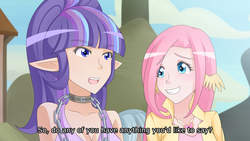 Size: 1280x721 | Tagged: safe, artist:jonfawkes, fluttershy, starlight glimmer, human, g4, the cutie map, chains, clothes, collar, elf ears, fake screencap, humanized, scene interpretation, skirt, smiling, subtitles, wing ears