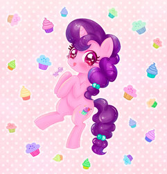 Size: 1065x1103 | Tagged: safe, artist:imoshie, sugar belle, pony, g4, abstract background, cupcake, cute, female, heart eyes, looking at you, muffin, smiling, solo, sugarbetes, tongue out, wingding eyes