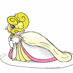Size: 800x800 | Tagged: safe, artist:familywing, oc, oc only, oc:golden brisk, air kiss, big lips, clothes, crossdressing, dress, eyeshadow, femboy, gown, heart, makeup, male, princess, princess costume, raised hoof, sissy, solo, trap