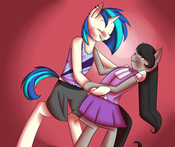 Size: 1280x1073 | Tagged: safe, artist:mokychan, dj pon-3, octavia melody, vinyl scratch, semi-anthro, g4, clothes, dancing, female, lesbian, ship:scratchtavia, shipping