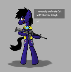 Size: 1778x1797 | Tagged: safe, artist:jrapcdaikari, oc, oc only, oc:paladin colt, caption, dialogue, gun, m4a1, royal guard