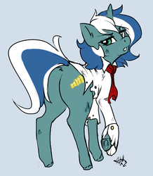 Size: 643x737 | Tagged: safe, artist:skuttz, oc, oc only, oc:skyfall, pony, unicorn, butt, clothes, cravat, cufflinks, cutie mark, female, green eyes, hooves, non-dominant hand drawing, plot, raised eyebrow, raised tail, shirt, solo, spypone, torn clothes