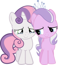 Size: 2373x2655 | Tagged: safe, artist:shutterflyeqd, diamond tiara, sweetie belle, earth pony, pony, unicorn, g4, apology, crying, duo, duo female, female, high res, looking down, simple background, tears of joy, transparent background, vector