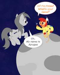 Size: 900x1125 | Tagged: safe, artist:moonlitbrush, oc, oc only, oc:apogee (viva reverie), oc:philae, earth pony, pony, butt, duo, fanart, floating, moon, plot, rope, space, spacesuit, speech bubble, zero gravity