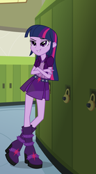 Size: 924x1679 | Tagged: safe, sunset shimmer, twilight sparkle, equestria girls, g4, alternate universe, anon in the description, body swap, canterlot high, clothes swap, hall, hall monitor, smug, smuglight sparkle, twilight sparkle (alicorn)