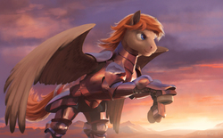 Size: 1600x989 | Tagged: safe, artist:cannibalus, oc, oc only, oc:sacred heart, pegasus, pony, armor, detailed, scenery, solo, sunset