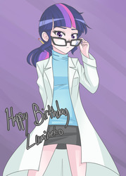 Size: 1280x1783 | Tagged: safe, artist:jonfawkes, sci-twi, twilight sparkle, equestria girls, g4, clothes, female, glasses, happy birthday, human coloration, lab coat, solo