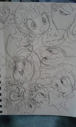 Size: 1152x1920 | Tagged: safe, artist:tess, party favor, pinkie pie, rarity, starlight glimmer, sugar belle, g4, the cutie map, monochrome, sketch, sketch dump, traditional art