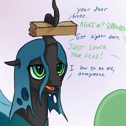 Size: 800x800 | Tagged: safe, artist:adequality, artist:benaspace, artist:whitemaneddragon, queen chrysalis, oc, oc:anon, changeling, changeling queen, fanfic:it's a dangerous business going out your door, g4, dialogue, door, female, open mouth