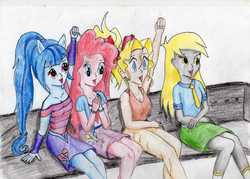Size: 3456x2472 | Tagged: safe, artist:40kponyguy, derpibooru exclusive, derpy hooves, pinkie pie, sonata dusk, equestria girls, g4, crossover, high res, mihoshi, tenchi muyo, traditional art