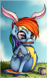 Size: 2082x3435 | Tagged: safe, artist:neko-me, rainbow dash, g4, bucket, bunny ears, cute, easter, easter egg, egg, female, filly, filly rainbow dash, high res, horseshoes, mouth hold, paintbrush, solo, underhoof