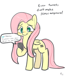 Size: 711x838 | Tagged: safe, artist:mt, fluttershy, g4, the cutie map, cellphone, dialogue, even tweets don't make sense anymore, female, meta, phone, simple background, smartphone, solo, speech bubble, twitter, white background