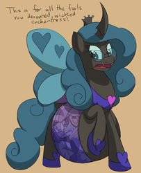 Size: 1382x1702 | Tagged: safe, artist:variant, queen chrysalis, zecora, changeling, changeling queen, zebra, g4, belly, chrysalispred, dialogue, female, fetish, glasses, mirror universe, reversalis, simple background, transparent flesh, vore