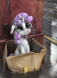 Size: 2164x2924 | Tagged: safe, artist:mrs1989, sweetie belle, pony, g4, cute, diasweetes, female, filly, floppy ears, foal, high res, pony in a box, pouting, sad, sadorable, solo