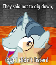 Size: 597x688 | Tagged: safe, party favor, pony, unicorn, g4, my little pony: friendship is magic, the cutie map, exploitable meme, faic, fire, horn, i didn't listen, image macro, lava, meme, minecraft